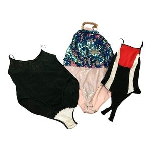Bodysuit Lot of 3, black lace, pink sequin, black red & white, snap bottoms, SzS
